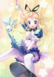 Rule 34 | &gt; &lt;, 1girl, :d, :x, absurdres, alice (alice in wonderland), alice in wonderland, black bow, black footwear, blonde hair, blue eyes, bow, dress, closed eyes, hair ribbon, highres, holding, long hair, open mouth, rabbit, ribbon, shoes, smile, solo, stopwatch, takoyaki (roast), thighhighs, watch, white rabbit (alice in wonderland), white thighhighs