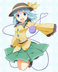 Rule 34 | 1girl, bad id, bad pixiv id, blue eyes, blue hair, bow, female focus, hat, hat bow, heart, heart of string, jumping, komeiji koishi, long sleeves, looking at viewer, matching hair/eyes, open mouth, salamander (hop-step), shirt, silver hair, skirt, smile, solo, third eye, touhou, wide sleeves