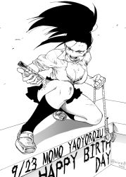 Rule 34 | 10s, 1girl, action, aiue0, black eyes, black hair, boku no hero academia, bra, breasts, character name, cleavage, collared shirt, commentary request, damaged, dated, english text, graphite (medium), grappling hook, greyscale, happy birthday, high ponytail, holding, human scabbard, kneehighs, loafers, millipen (medium), monochrome, ponytail, rope, school uniform, shirt, shoes, socks, solo, traditional media, u.a. school uniform, unbuttoned, unbuttoned shirt, underwear, weapon, yaoyorozu momo