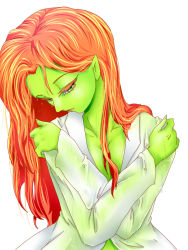 Rule 34 | 1girl, batman (series), breasts, cleavage, colored skin, dc comics, green eyes, green skin, long hair, nabe (ingenmame), open clothes, open shirt, orange hair, poison ivy, see-through, shirt, solo, wet