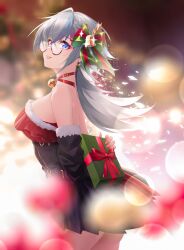 Rule 34 | 1girl, absurdres, christmas, gift, glasses, heterochromia, highres, looking at viewer, open mouth, plotti (tower of fantasy), solo, tower of fantasy