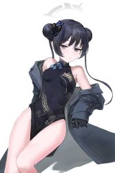 Rule 34 | 1girl, bare shoulders, black dress, black gloves, black hair, black jacket, blue archive, breasts, butterfly hair ornament, china dress, chinese clothes, covered navel, dano, double bun, dragon print, dress, expressionless, gloves, grey eyes, hair bun, hair ornament, halo, highres, jacket, kisaki (blue archive), long hair, long sleeves, looking at viewer, no panties, off shoulder, open clothes, open jacket, pelvic curtain, print dress, simple background, sleeveless, sleeveless dress, small breasts, solo, striped clothes, striped jacket, thighs, twintails, white background