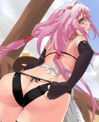 Rule 34 | 10s, 1girl, apron, ass, ass cutout, backless panties, black panties, blush, butt crack, chikkinage nage, clothing cutout, elbow gloves, fingerless gloves, from behind, gloves, guilty crown, hair ornament, hairclip, highres, long hair, looking at viewer, looking back, nearly naked apron, open mouth, panties, pink hair, red eyes, solo, tray, twintails, underwear, yuzuriha inori