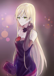 Rule 34 | 1girl, bad id, bad pixiv id, bag, bare shoulders, black gloves, blonde hair, breasts, closed mouth, collarbone, cross, cross earrings, dress, dress flower, earrings, elbow gloves, feet out of frame, girls&#039; frontline, gloves, green eyes, highres, holding, holding bag, holding ear, jewelry, long hair, looking at viewer, purple dress, simple background, small breasts, smile, solo, standing, stg44 (girls&#039; frontline), suprii