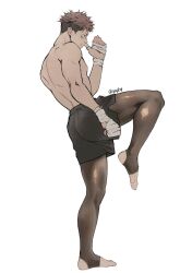 Rule 34 | 1boy, bandaged hand, bandages, black leggings, black shorts, facing to the side, fighting stance, full body, itadori yuuji, jujutsu kaisen, leg up, leggings, looking to the side, male focus, muscular, muscular male, muted color, pink hair, qxq illus, scar, scar on face, short hair, shorts, simple background, solo, topless male, undercut, white background