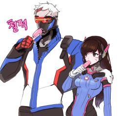 Rule 34 | 1boy, 1girl, animal print, armor, bad id, bad twitter id, bodysuit, breasts, brown eyes, brown hair, covered mouth, cowboy shot, d.va (overwatch), eating, facepaint, facial mark, food, gloves, headphones, height difference, high collar, holding, ice cream, jacket, jellygga, long hair, long sleeves, mask, medium breasts, mouth hold, mouth mask, overwatch, overwatch 1, pants, pauldrons, pilot suit, popsicle, rabbit, rabbit print, red gloves, scar, short hair, shoulder armor, shoulder pads, simple background, soldier: 76 (overwatch), turtleneck, visor, whisker markings, white background, white gloves, white hair, you&#039;re doing it wrong
