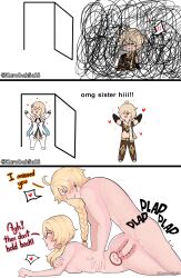 Rule 34 | 1boy, 1girl, aether (genshin impact), ass, blonde hair, braid, breasts, brother and sister, chibi, comic, earrings, genshin impact, hair between eyes, heart, heart-shaped pupils, highres, holding, incest, jewelry, kurodahlia18, long hair, looking back, looking down, lumine (genshin impact), lying, medium breasts, meme, nude, on floor, on stomach, prone bone, sex, sex from behind, short hair, siblings, simple background, smile, sweat, symbol-shaped pupils, talking, talking to another, tongue, tongue out, twincest, twins, yellow eyes