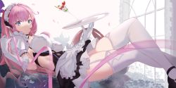 Rule 34 | 1girl, apron, black footwear, blue eyes, breasts, elbow gloves, elysia (honkai impact), elysia (miss pink elf) (honkai impact), food, glass, gloves, grin, highres, holding, holding tray, honkai (series), honkai impact 3rd, ice cream, looking at viewer, lying, maid, maid apron, maid headdress, on back, petals, pink hair, pointy ears, reiruiki, shoes, smile, solo, teeth, thighhighs, tray, white background, white gloves, white thighhighs, window