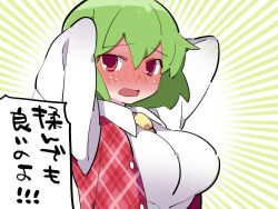 Rule 34 | 1girl, arms behind head, between breasts, blush, breasts, commentary request, dress shirt, embarrassed, full-face blush, green hair, hammer (sunset beach), impossible clothes, impossible shirt, kazami yuuka, large breasts, necktie, necktie between breasts, open mouth, plaid, plaid vest, red eyes, shirt, solo, touhou, translation request, unmoving pattern, vest