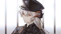 Rule 34 | 1girl, adjusting collar, arknights, black gloves, black shirt, blurry, blurry background, closed mouth, collared shirt, dragon horns, gloves, grey hair, hand up, hat, highres, horns, long hair, military, military uniform, official alternate costume, orange eyes, police hat, prison cell, qinglai haiji, saria (arknights), saria (the law) (arknights), serious, shirt, solo, uniform, upper body