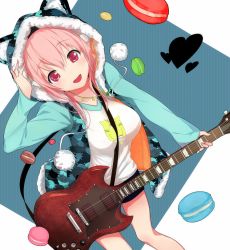 Rule 34 | 1girl, :d, between breasts, blush, breasts, electric guitar, food, gibson, gibson sg, guitar, headphones, hood, hoodie, instrument, jewelry, large breasts, macaron, necklace, nitroplus, open mouth, p-nut, pink hair, raglan sleeves, red eyes, short shorts, shorts, smile, solo, strap between breasts, super sonico