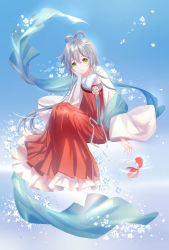 Rule 34 | 1girl, absurdres, blue background, dress, fish, floating hair, full body, green eyes, hair between eyes, head rest, highres, invisible chair, japanese clothes, kimono, long dress, long hair, long sleeves, looking at viewer, luo tianyi, pleated dress, red dress, silver hair, sitting, sleeveless, sleeveless dress, solo, strapless, strapless dress, twintails, very long hair, vocaloid, vocanese, white kimono, yaduo