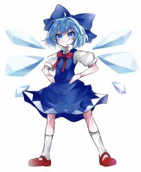 Rule 34 | 1girl, blue bow, blue eyes, blue hair, bow, bowtie, cirno, closed mouth, commentary request, detached wings, full body, ga9ypzf1adfnx2c, hair bow, highres, ice, ice wings, looking at viewer, red bow, red bowtie, red footwear, short hair, short sleeves, smile, socks, solo, standing, touhou, white socks, wings