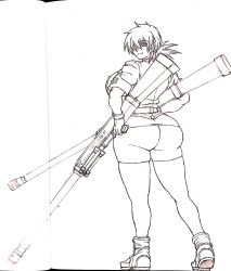Rule 34 | 1girl, ass, autocannon, breasts, cannon, dual wielding, female focus, full body, gun, hellsing, hellsing anti-tank cannon harkonnen ii, highres, holding, large breasts, monochrome, seras victoria, shoes, simple background, solo, weapon, white background, wrato