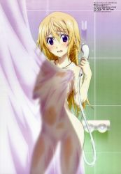 Rule 34 | 10s, absurdres, blonde hair, charlotte dunois, highres, infinite stratos, jewelry, necklace, purple eyes, scan, see-through, shower
