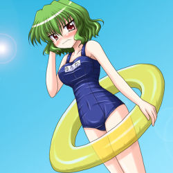 Rule 34 | 1girl, blush, bococho, breasts, embarrassed, female focus, frown, green hair, innertube, kazami yuuka, lens flare, name tag, non-web source, one-piece swimsuit, red eyes, school swimsuit, short hair, solo, sun, swim ring, swimsuit, touhou, wavy mouth