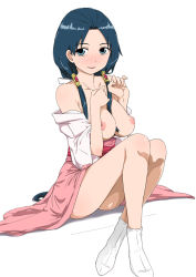 Rule 34 | 1girl, bare legs, bare shoulders, blue eyes, blue hair, blush, body blush, breasts, breasts out, crossed legs, female focus, hand on own chest, ichihisa, long hair, long legs, looking at viewer, magi the labyrinth of magic, matching hair/eyes, nipples, off shoulder, open clothes, parted lips, pinky out, ren hakuei, simple background, sitting, smile, solo, tabi