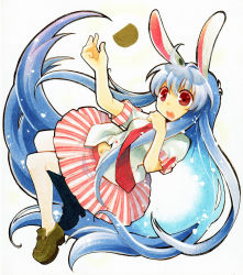 Rule 34 | 1girl, absurdres, animal ears, blue hair, female focus, highres, long hair, marker (medium), navel, necktie, open mouth, pantyhose, rabbit ears, red eyes, red necktie, reisen udongein inaba, skirt, socha, solo, touhou, traditional media, very long hair, white pantyhose