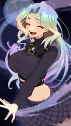 Rule 34 | 1girl, black hair, blonde hair, blue gemstone, blue hair, blush, breasts, character name, closed eyes, commission, cropped sweater, full moon, gem, green hair, grey hair, highres, indie virtual youtuber, jewelry, k (art71), large breasts, long hair, luna lore, moon, multicolored hair, necklace, open mouth, plaid, plaid skirt, pleated skirt, skeb commission, skirt, sky, sparkle, star (sky), starry sky, sweater, turtleneck, turtleneck sweater, twitter username, virtual youtuber