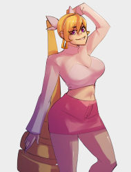 Rule 34 | 1girl, absurdres, alternate costume, blonde hair, breasts, cosmikaizer, drill hair, earrings, hair behind ear, highres, jewelry, lana branford (cosmikaizer), large breasts, long hair, looking at viewer, mixed-language commentary, navel, original, pantyhose, parted lips, pink skirt, purple eyes, skirt, smirk, solo, twintails, uneven twintails, very long hair