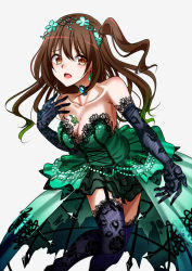 Rule 34 | 1girl, blue gloves, blue thighhighs, breasts, brown eyes, brown hair, choker, cleavage, collarbone, earrings, elbow gloves, fishnet gloves, fishnet thighhighs, fishnets, garter straps, gloves, gradient hair, hair between eyes, idolmaster, idolmaster cinderella girls, jewelry, layered skirt, long hair, looking at viewer, medium breasts, miniskirt, multicolored hair, open mouth, shimamura uzuki, side ponytail, simple background, skirt, solo, standing, thighhighs, very long hair, waist cape, white background, yodare (3yami8), zettai ryouiki