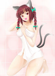 Rule 34 | 1girl, animal ears, bare arms, bare legs, bare shoulders, bathroom, between breasts, blush, bow, braid, breasts, cat ears, cat tail, cleavage, collarbone, fang, green ribbon, groin, hair ribbon, hand on own head, kaenbyou rin, kneeling, large breasts, looking at viewer, multiple tails, naked towel, nekomata, nitoridio, open mouth, red eyes, red hair, ribbon, short hair, solo, tail, touhou, towel, tress ribbon, twin braids, twintails