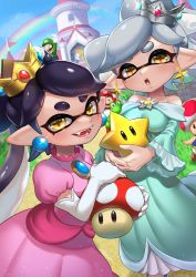 Rule 34 | + +, 2girls, 3boys, alternate costume, arm up, artist name, bare shoulders, black eyes, blouse, blue eyes, blue sky, blue vest, blurry, blurry background, blush, breasts, brooch, brown hair, callie (splatoon), castle, clenched hand, collarbone, cosplay, crossover, crown, day, domino mask, dress, dutch angle, earrings, elbow gloves, facial hair, fangs, gem, glint, gloves, grass, green headwear, green shirt, grey hair, grey headwear, hand up, happy, highres, holding, inkling, iria (yumeirokingyo), jewelry, jumping, light particles, long hair, long sleeves, looking at viewer, luigi, marie (splatoon), mario, mario (series), mask, medium breasts, mole, mole under eye, multiple boys, multiple girls, mushroom, mustache, nintendo, off-shoulder dress, off shoulder, open mouth, outdoors, overalls, own hands together, path, pink dress, pointy ears, princess peach, princess peach (cosplay), puffy short sleeves, puffy sleeves, purple hair, rainbow, red headwear, red shirt, road, rosalina, rosalina (cosplay), shirt, short hair, short sleeves, siblings, signature, sisters, sky, small breasts, smile, splatoon (series), stained glass, standing, star (symbol), super mario galaxy, super star (mario), swept bangs, teeth, tentacle hair, tentacles, thick eyebrows, tilted headwear, toad (mario), vest, white gloves, yellow eyes, yellow headwear, yoshi