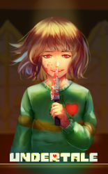 Rule 34 | absurdres, androgynous, blood, blood on clothes, blood on face, blood on hands, bloody knife, brown hair, chara (undertale), chromatic aberration, copyright name, evil smile, gender request, heart, heiyao, highres, knife, open mouth, red eyes, ruishitang, smile, solo, spoilers, spotlight, striped clothes, striped sweater, sweater, teeth, undertale, upper body, window