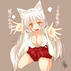 Rule 34 | 1girl, animal ear fluff, animal ears, blonde hair, breasts, cleavage, collarbone, eyebrows, fox ears, fox tail, grey background, hakama, hakama short skirt, hakama skirt, hip vent, incoming hug, japanese clothes, kneeling, kohaku (yua), large breasts, long hair, long sleeves, looking at viewer, miko, open mouth, original, outstretched arms, skirt, slit pupils, solo, tail, thick eyebrows, translation request, very long hair, wide sleeves, yellow eyes, yua (checkmate)