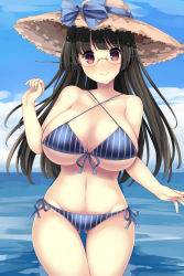 Rule 34 | 1girl, akikaze tsumuji, alternate costume, bikini, black hair, blue bow, blue sky, blush, bow, breasts, choukai (kancolle), closed mouth, cloud, day, glasses, hat, hat bow, kantai collection, large breasts, long hair, looking at viewer, ocean, red eyes, rimless eyewear, sky, smile, solo, straw hat, striped bikini, striped clothes, swimsuit