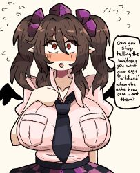 Rule 34 | 1girl, blush, bow, breasts, brown hair, checkered clothes, checkered skirt, double spoiler, english text, hair ribbon, hat, himekaidou hatate, huge breasts, necktie, nervous sweating, notnoe (dxcl), open mouth, pink shirt, pointy ears, red eyes, ribbon, shirt, short sleeves, skirt, solo, sweat, tokin hat, touhou, twintails