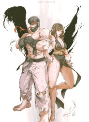 Rule 34 | 1boy, 1girl, absurdres, alternate costume, alternate hairstyle, beard, black dress, black hair, bracelet, breasts, brown hair, capcom, china dress, chinese clothes, chun-li, chun lo, cleavage, dress, covered erect nipples, facial hair, headband, highres, jewelry, looking at viewer, muscular, ryu (street fighter), topless male, spiked bracelet, spikes, street fighter, street fighter v, wrist wrap
