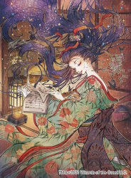 Rule 34 | 1girl, black butterfly, black hair, bug, butterfly, floating hair, floral print, flower, hair ribbon, hands up, bug, japanese clothes, kimono, lantern, long hair, magic: the gathering, official art, paper, pink flower, print kimono, red flower, red ribbon, ribbon, solo, white flower, yumeko (yumeyana g)