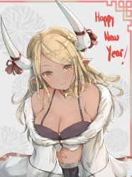 Rule 34 | 1girl, bare shoulders, black skirt, blonde hair, blush, breasts, brown eyes, cleavage, closed mouth, collarbone, commentary, dark-skinned female, dark skin, english commentary, fang, fang out, fur-trimmed jacket, fur trim, granblue fantasy, grey background, happy new year, head tilt, highres, hikari niji, horn ornament, horn ribbon, horns, jacket, kumbhira (granblue fantasy), large breasts, long hair, navel, new year, off shoulder, red ribbon, ribbon, skirt, smile, solo, swept bangs, very long hair, white jacket