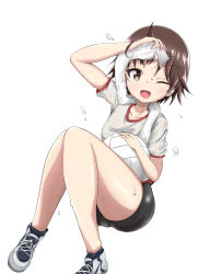 Rule 34 | 1girl, ;d, arm up, ball, bike shorts, black shorts, brown eyes, brown hair, commentary, cross-laced footwear, female focus, floating, full body, girls und panzer, gym shirt, gym uniform, highres, holding, holding ball, holding towel, isobe noriko, knees up, looking at viewer, naopon918, no socks, one eye closed, open mouth, outside border, shirt, shoes, short hair, short shorts, short sleeves, shorts, simple background, smile, sneakers, solo, sweat, t-shirt, towel, towel around neck, volleyball (object), water drop, white background, white footwear, white shirt, wiping sweat