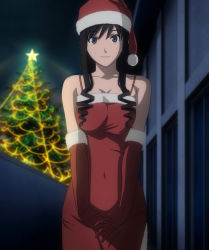 Rule 34 | 1girl, amagami, black hair, blue eyes, christmas, christmas tree, dress, drill hair, elbow gloves, gloves, own hands clasped, hat, highres, long hair, morishima haruka, navel, night, non-web source, outdoors, own hands together, red gloves, santa costume, santa hat, screencap, smile, solo, standing, star (symbol), stitched, third-party edit