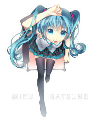 Rule 34 | 1girl, :p, aqua eyes, aqua hair, arm up, bison cangshu, blush, hatsune miku, highres, leaning forward, long hair, looking up, necktie, skirt, solo, thighhighs, tongue, tongue out, twintails, very long hair, vocaloid
