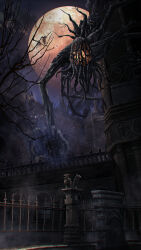 Rule 34 | 1other, amygdala (bloodborne), bloodborne, building, copyright name, eldritch abomination, highres, holding, monster, moon, no humans, outdoors, scenery, simone kumkum, sky, standing, tentacles