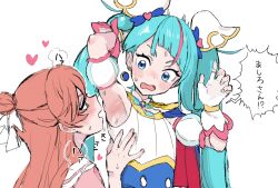 Rule 34 | 2girls, ^^^, arm behind head, arm up, armpit focus, armpits, aroused, blue eyes, blue hair, blush, brown hair, commentary request, corset, cure sky, detached sleeves, drop earrings, earrings, fingerless gloves, flat chest, gloves, green eyes, haburashi, hair bun, hair ornament, hair ribbon, half-closed eyes, half updo, hand on another&#039;s chest, hand up, heart, heavy breathing, hirogaru sky! precure, jewelry, long hair, looking at another, multicolored hair, multiple girls, nijigaoka mashiro, nose blush, pink hair, precure, profile, puffy short sleeves, puffy sleeves, ribbed shirt, ribbon, sailor collar, shirt, short sleeves, side cape, single hair bun, sketch, sleeveless, sleeveless shirt, sora harewataru, speech bubble, streaked hair, surprised, sweat, translation request, twintails, upper body, white gloves, white ribbon, white sailor collar, white shirt, yuri
