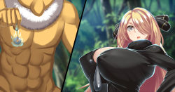 Rule 34 | 1girl, absurdres, black eyes, blonde hair, blurry, blurry background, breasts, cleavage, colored skin, covered erect nipples, creatures (company), cynthia (pokemon), forest, fur collar, game freak, gen 1 pokemon, hair over one eye, hand up, heart, heart-shaped pupils, highres, holding, holding pendulum, huge breasts, hypno, hypnosis, kawahagitei, long hair, looking at viewer, mind control, multiple views, nature, nintendo, outdoors, parted lips, pendulum, pokemon, pokemon (creature), pokemon dppt, serious, standing, symbol-shaped pupils, tree, upper body, yellow skin