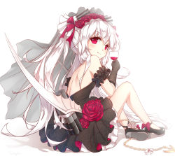 Rule 34 | 1girl, alcohol, anchor, armband, azur lane, backless dress, backless outfit, bare back, bare legs, bare shoulders, bat wings, breasts, bridal veil, chain, cup, dress, drinking glass, floral print, flower, frilled skirt, frills, gloves, high heels, highres, light smile, long hair, looking at viewer, pumps, red eyes, rose, rose print, shenhai (2556146833), skirt, small breasts, torpedo launcher, twintails, vampire (azur lane), vampire (eloi&#039;s blessing) (azur lane), veil, white hair, wine, wine glass, wings
