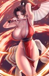 Rule 34 | 1girl, arm up, armpits, breasts, brown eyes, brown hair, cleavage, collarbone, eu03, fatal fury, female focus, fire, folded fan, folding fan, hand fan, highleg, highres, holding, holding fan, huge breasts, long hair, looking at viewer, matching hair/eyes, mouth hold, ninja, no bra, no panties, pelvic curtain, ponytail, revealing clothes, shiranui mai, solo, the king of fighters, thighs