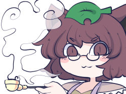 Rule 34 | 1girl, :3, animal ears, blush stickers, brown eyes, brown hair, chahan (fried rice0614), closed mouth, futatsuiwa mamizou, glasses, holding, holding smoking pipe, leaf, leaf on head, one-hour drawing challenge, portrait, raccoon ears, round eyewear, short hair, simple background, smile, smoke, smoking pipe, solo, touhou, white background