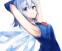 Rule 34 | 1girl, armpits, arms behind head, arms up, blue bow, blue eyes, blue hair, bow, breasts, cirno, closed mouth, collar, commentary request, hair between eyes, hair bow, ice, ice wings, kuroda (chokobo 314), looking at viewer, medium breasts, red neckwear, short hair, sleeveless, smile, solo, touhou, twitter username, upper body, white background, wings