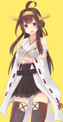 Rule 34 | 10s, 1girl, ahoge, brown hair, collarbone, cowboy shot, crossed arms, detached sleeves, double bun, eyebrows, headgear, kantai collection, kongou (kancolle), long hair, looking at viewer, nontraditional miko, open mouth, sidelocks, simple background, skirt, solo, standing, thighhighs, wide sleeves, yellow background, yuki (yukin0128), zettai ryouiki