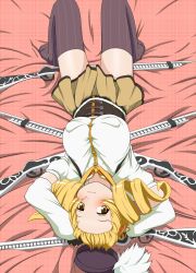 Rule 34 | 10s, 1girl, arms up, bed, black thighhighs, blonde hair, breasts, covered erect nipples, drill hair, forehead, gotoshi, gun, hat, large breasts, long hair, lying, mahou shoujo madoka magica, mahou shoujo madoka magica (anime), on back, on bed, pinstripe pattern, puffy nipples, rifle, skirt, solo, striped, thighhighs, thighs, tomoe mami, twin drills, twintails, weapon, yellow eyes