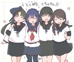 Rule 34 | adapted costume, akatsuki (kancolle), akatsuki kai ni (kancolle), ayanami (kancolle), ayanami kai ni (kancolle), black hair, black pantyhose, black sailor collar, black skirt, blue neckerchief, braid, closed eyes, commentary request, facing viewer, feet out of frame, fubuki (kancolle), fubuki kai ni (kancolle), hair over shoulder, highres, kantai collection, long hair, long sleeves, ma rukan, neckerchief, pantyhose, red neckerchief, sailor collar, side ponytail, sidelocks, single braid, skirt, smile, translation request, uranami (kancolle), uranami kai ni (kancolle), white background