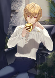Rule 34 | 1boy, apple, armchair, blonde hair, blue pants, blurry, blurry foreground, chair, collared shirt, commentary request, commission, curtains, depth of field, food, fruit, golden apple, hair between eyes, hands up, highres, holding, holding food, holding fruit, hu kotora, indoors, long hair, long sleeves, male focus, on chair, original, pants, parted lips, red eyes, shirt, sitting, skeb commission, smile, solo, white shirt