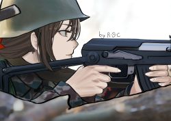 Rule 34 | 1girl, absurdres, artist name, assault rifle, brown eyes, brown hair, camouflage, camouflage jacket, closed mouth, combat helmet, girls&#039; frontline, gun, hair between eyes, hat, helmet, highres, holding, holding gun, holding weapon, jacket, kalashnikov rifle, long hair, looking away, military, military hat, military uniform, profile, rifle, rsc, solo, type 56-1 (girls&#039; frontline), type 56 assault rifle, uniform, upper body, weapon, white background