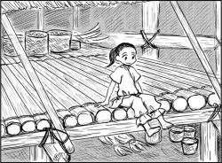 1girl barefoot basket black_hair do_do_goki female_focus monochrome outdoors ponytail sitting solo yayoi_period